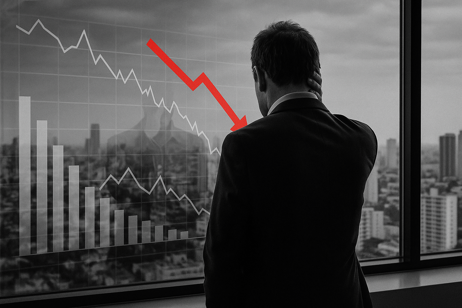 Corretor observando gráfico de queda nas vendas